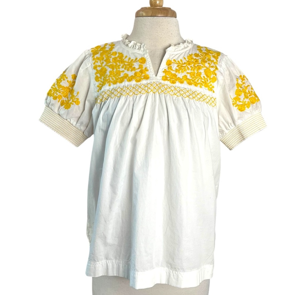 J. Crew White Peasant Blouse with Yellow Floral Embroidery